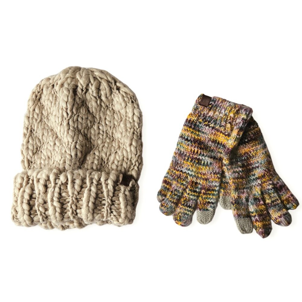 Lucky Brand Cozy Knit Beanie & MultiColor Knit Glove Bundle
